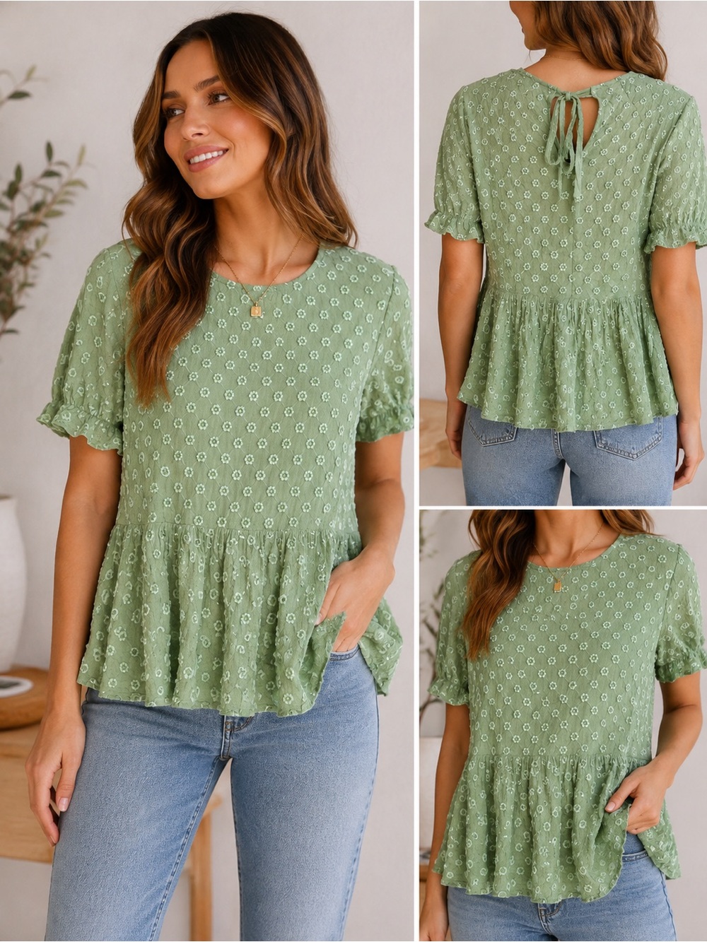 Altar'd State Sage Green Floral Peplum Tie-Back Top
